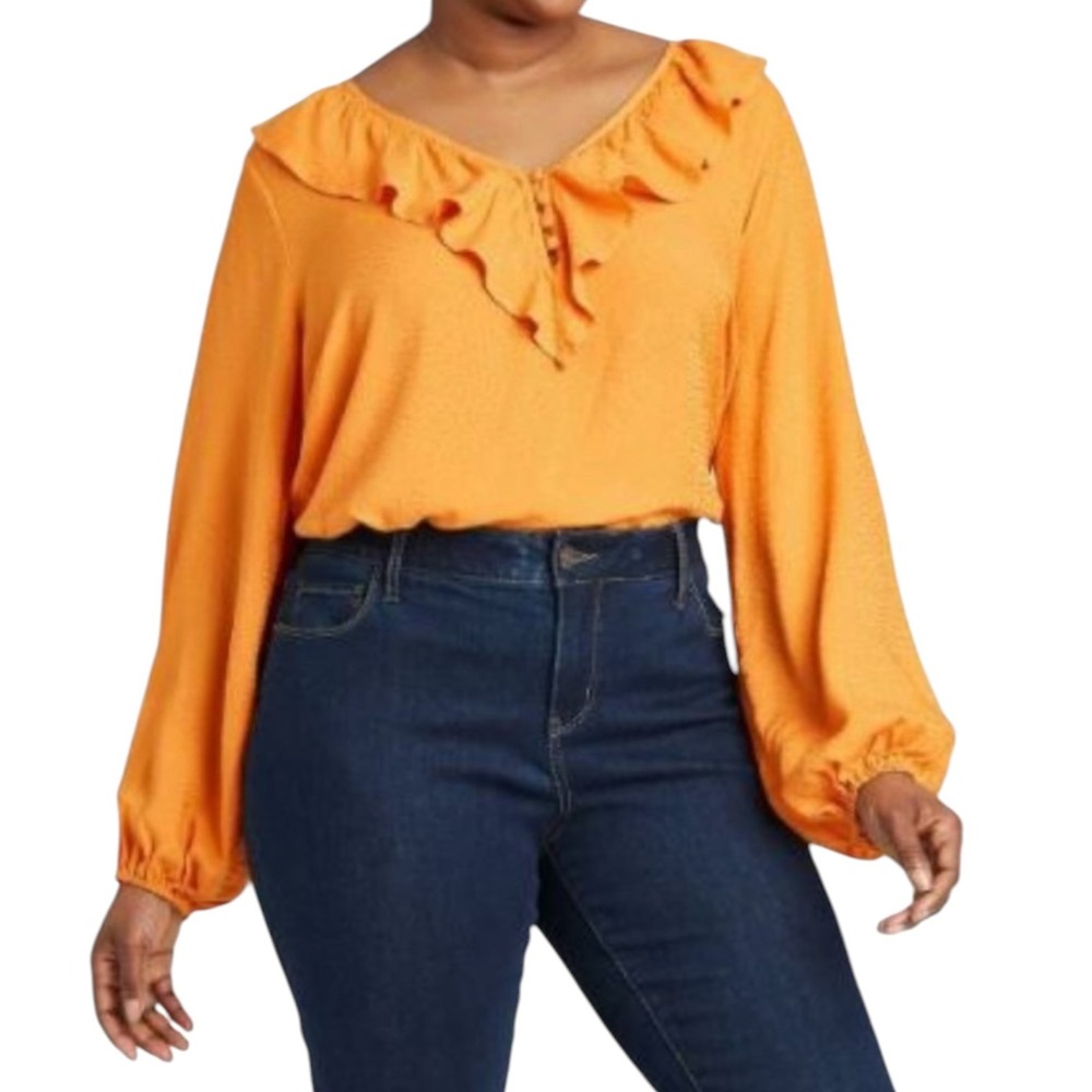 Ava & Viv Chic Bohemian Mustard Yellow Dobby Dot Ruffle VNeck Blouse Size 1X NWT